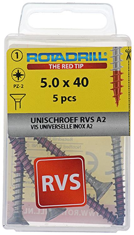Afbeelding laden in galerijviewer, Rotadrill 1039860 - universeelschroef vk pzd rvs-a2 5.0x40mm (5) | 6 stuks
