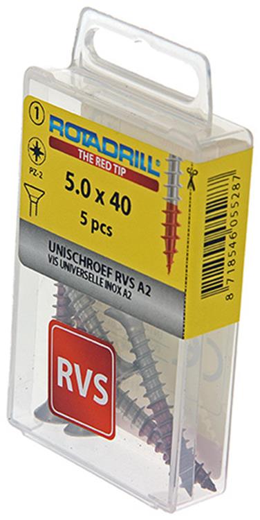 Afbeelding laden in galerijviewer, Rotadrill 1039860 - universeelschroef vk pzd rvs-a2 5.0x40mm (5) | 6 stuks
