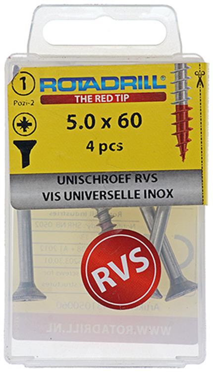 Afbeelding laden in galerijviewer, Rotadrill 1039862 - universeelschroef vk pzd rvs-a2 5.0x60mm (4) | 6 stuks
