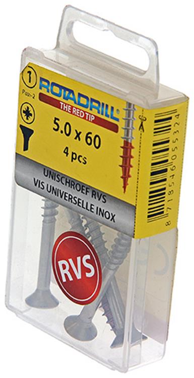 Afbeelding laden in galerijviewer, Rotadrill 1039862 - universeelschroef vk pzd rvs-a2 5.0x60mm (4) | 6 stuks
