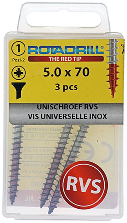 Afbeelding laden in galerijviewer, Rotadrill 1039863 - universeelschroef vk pzd rvs-a2 5.0x70mm (3) | 6 stuks
