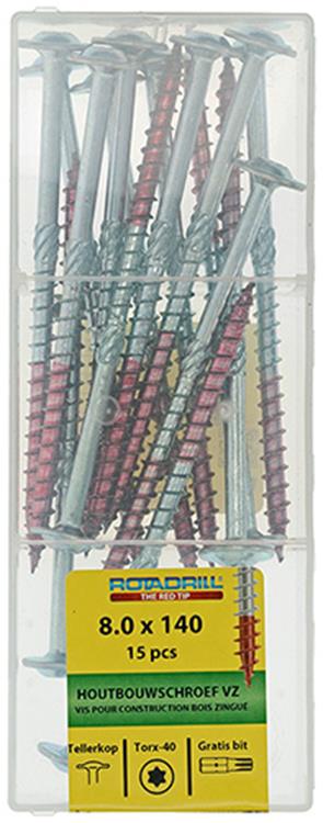Rotadrill 1040017 - houtbouwschroef tellerkop vz tx 8.0x140mm(15) | 4 stuks