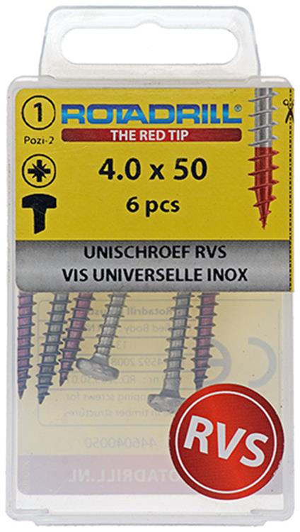 Afbeelding laden in galerijviewer, Rotadrill 1039895 - universeelschroef ck pzd rvs 4.0x50mm (6) | 6 stuks
