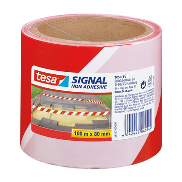 Tesa 1x afzetlint markeerlint rood wit 8 cm x 100 mtr - klus bouwbenodigdheden - afzetlinten markeerlinten - gevarenzone linten - weg parkeerplaats afzetten met lint