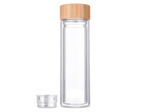 Svenska living dubbelwandige infusiefles drinkfles glas bamboe 400ml met rvs zeef
