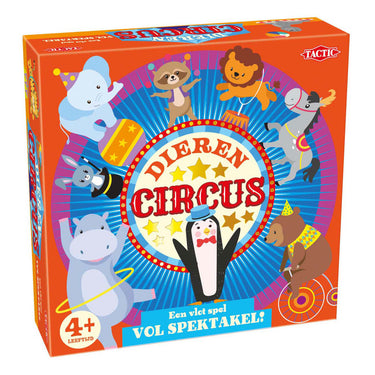 Tactic dierencircus – bordspel – familiespel – extra groot speelbord van 60 cm doorsnede – 5 houten dieren – 4 grote verzameltenten van 24x24 cm - vanaf 4 jaar