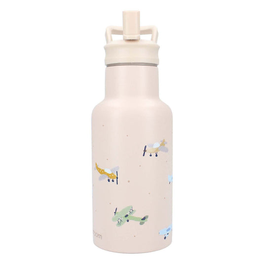 Kidzroom small talk - schoolbeker en drinkfles - 350ml - stainless steel - vliegtuigen - beige