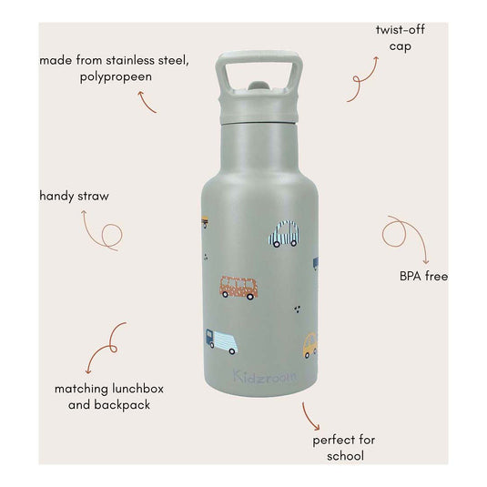 Kidzroom sweet cuddles - schoolbeker en drinkfles - 350ml - stainless steel - auto's - groen