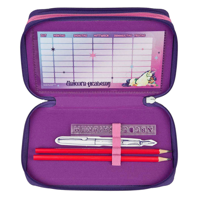 Afbeelding laden in galerijviewer, Undercover etui unicorn academy paars - 3 vakken gevuld schoolset.
