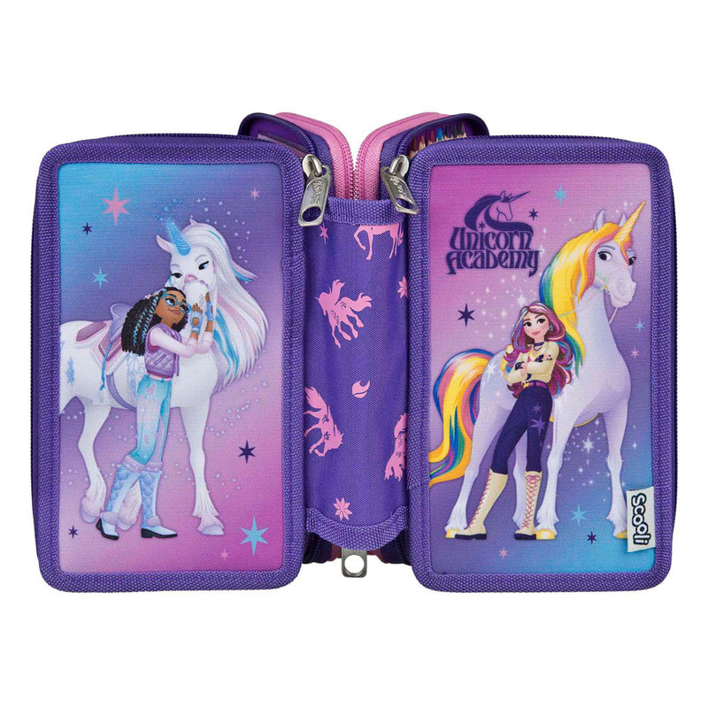 Afbeelding laden in galerijviewer, Undercover etui unicorn academy paars - 3 vakken gevuld schoolset.
