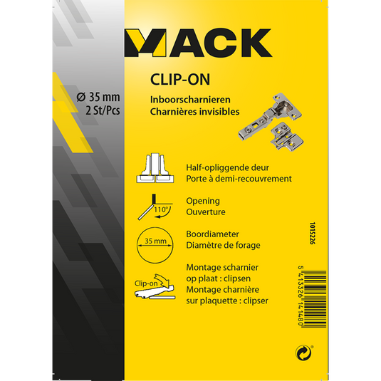 Mack 1015226 - 2 inboorscharnieren clip on 35mm 110° half opliggende deur | 10 stuks