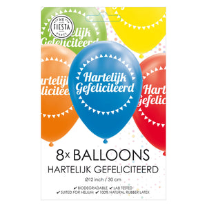 Globos ballonnen hartelijk gefeliciteerd mix kleuren 30cm, 8st.