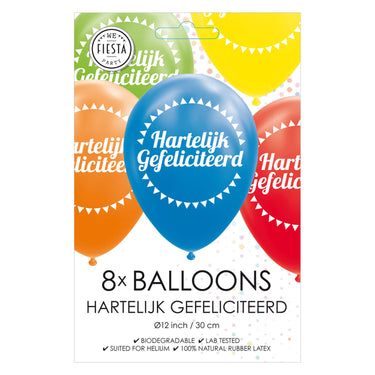 Globos ballonnen hartelijk gefeliciteerd mix kleuren 30cm, 8st.