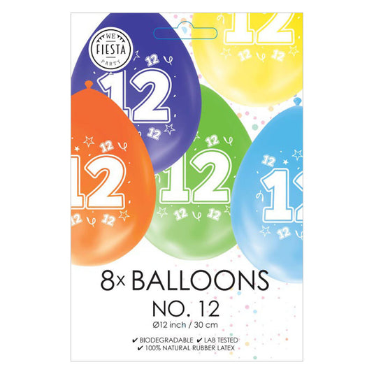 Globos ballonnen 2-zijdig geprint cijfer 12, 8st.