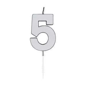 Globos taartkaars 4,5cm metallic zilver no. 5