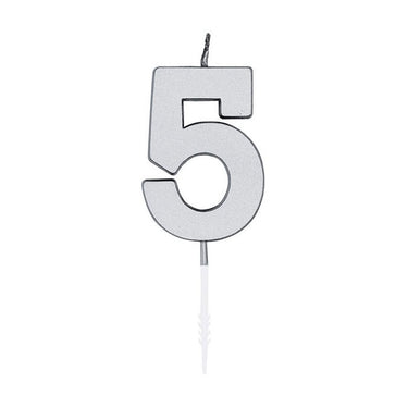 Globos taartkaars 4,5cm metallic zilver no. 5