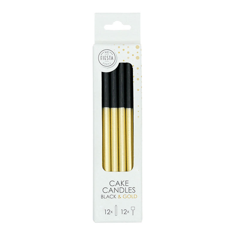 ギャラリービューアに画像をロードする, Globos taartkaarsen 9,5cm met houders zwart goud - 12st.
