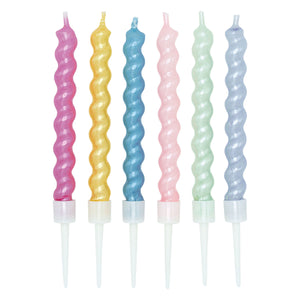 Globos taartkaarsen 8cm spiraalvormig met houders parelmoer kleuren - 6st.
