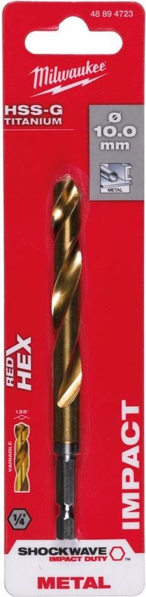 Milwaukee accessoires milwaukee metaalboor shockwave hss-g tin red hex shockwave hss-g tin red hex 10 mm - 1 st - 48894723