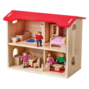 Bigjigs houten poppenhuis compleet met meubels en 4 poppen