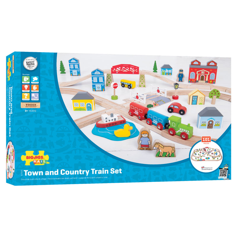 Afbeelding laden in galerijviewer, Bigjigs houten treinset stad en land, 101dlg.
