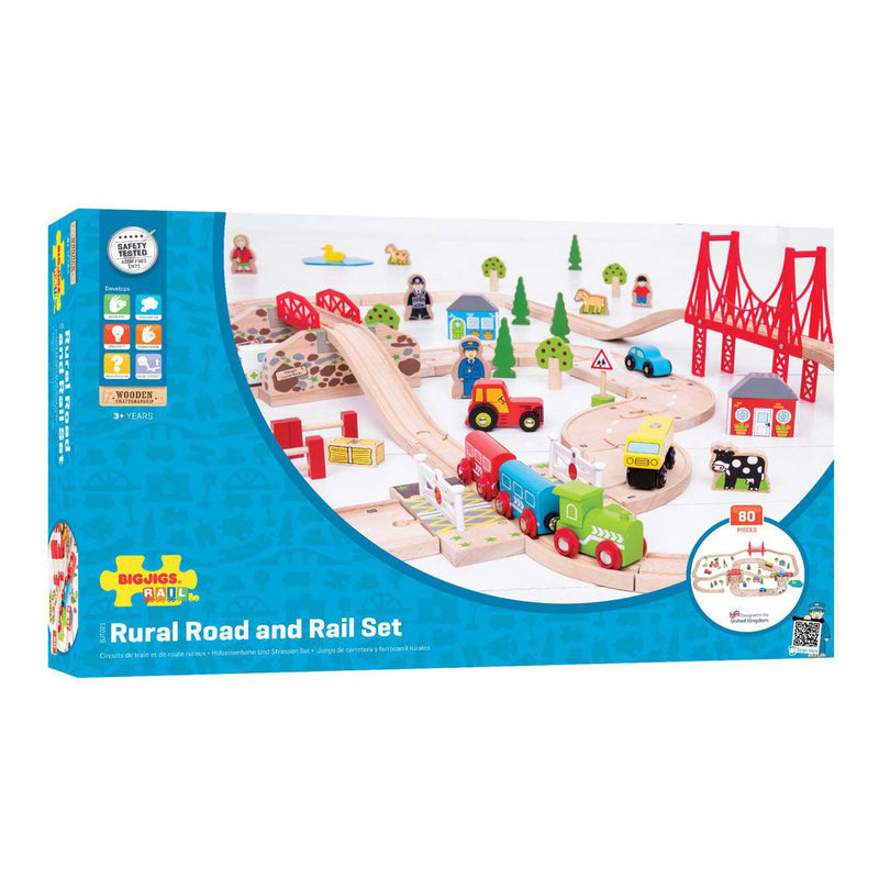 Afbeelding laden in galerijviewer, Bigjigs houten weg en treinset platteland, 80dlg.

