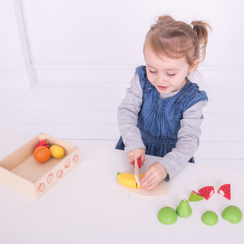 Laden Sie das Bild in Galerie -Viewer, Bigjigs toys houten kistje met fruit en klittenband - mer mes en plank - bigjigs - 18-delig
