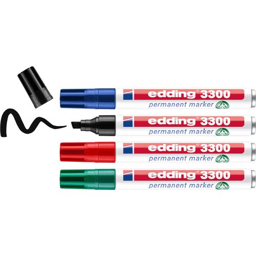 Marker permanent 3300 edding 1-5mm schuin blauw,zwart,rood,groen 4 stuk