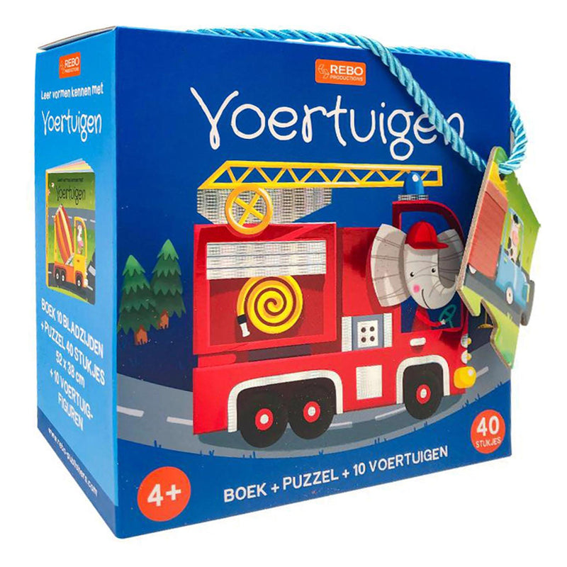 Load image into Gallery viewer, Rebo publishers boek, puzzel + 10 figuren - voertuigen
