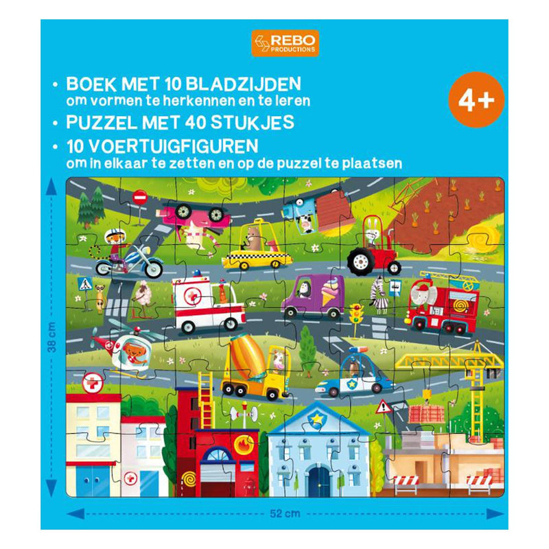 Load image into Gallery viewer, Rebo publishers boek, puzzel + 10 figuren - voertuigen
