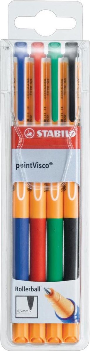 Stabilo pointvisco - rollerball - gel inkt - medium 0,5 mm - etui met 4 kleuren