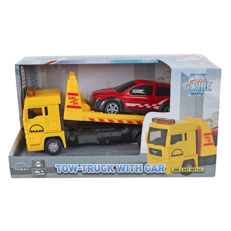 Afbeelding laden in galerijviewer, Kids globe man vrachtwagen bergingswagen met auto, 19cm
