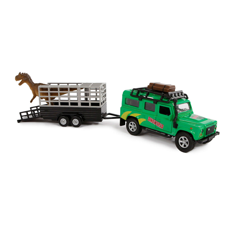 Afbeelding laden in galerijviewer, Kids globe die-cast land rover met dino-trailer, 29cm
