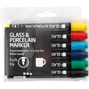 Creativ company glas- porseleinstiften, lijndikte 1-3 mm, semi-dekkend, standaardkleuren, 6 stuk