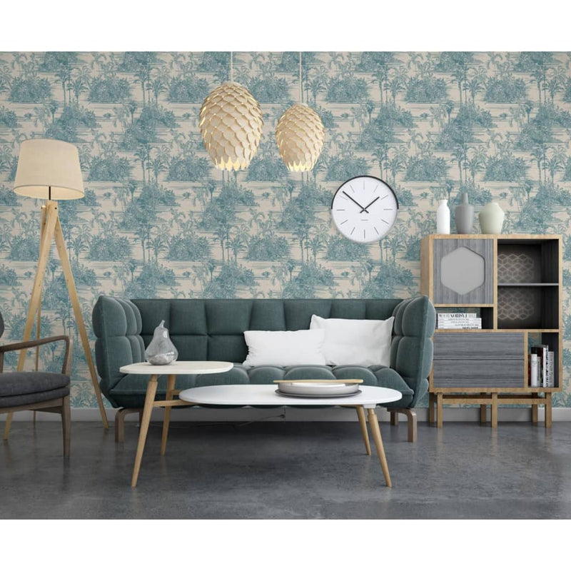 Load image into Gallery viewer, Dutch wallcoverings behang tropical beige en lichtblauw
