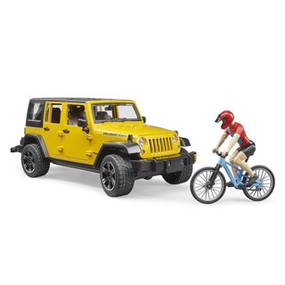 Load image into Gallery viewer, Bruder auto jeep geel met mountainbiker
