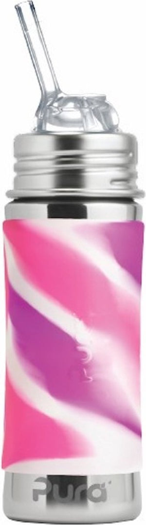 Pura rietjesfles kiddo free-flow 325 ml - drinkfles - bidon - plasticvrij - vaatwasserbestendig - op 2 manieren te gebruiken - inclusief siliconen rietje, reisdop, sleeve en reinigingsborsteltje - top is verwisselbaar - veelzijdig - pink swirl