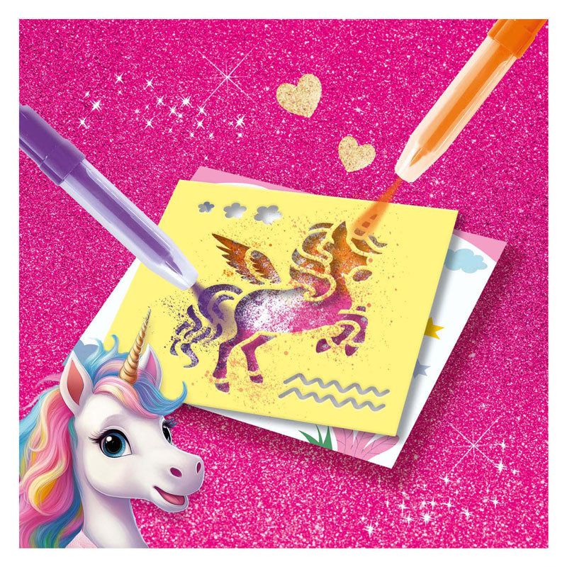Afbeelding laden in galerijviewer, Ses creative - unicorn - blow airbrush pens - knutselen meisjes - 12 kleurkaarten - wasbaar uit kleding - vanaf 5 jaar
