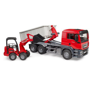 Bruder , miniatuurauto van de man tgs vrachtwagen met container, rood