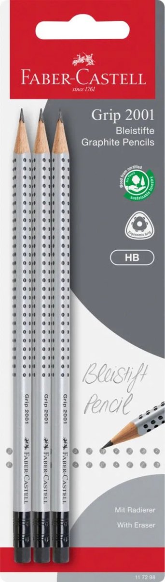 Faber-castell faber castell grafietpotlodenset - grip 2001 - hardheid hb - met gum - 3 stuks op blisterverpakking - fc-117298