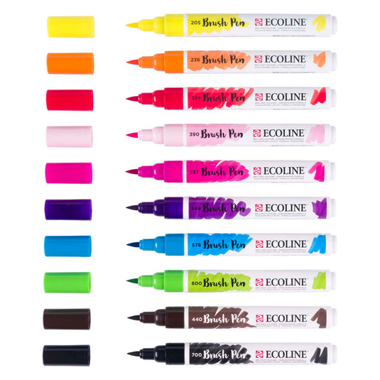 Bruynzeel ecoline brush pen set helder, 10 kleuren