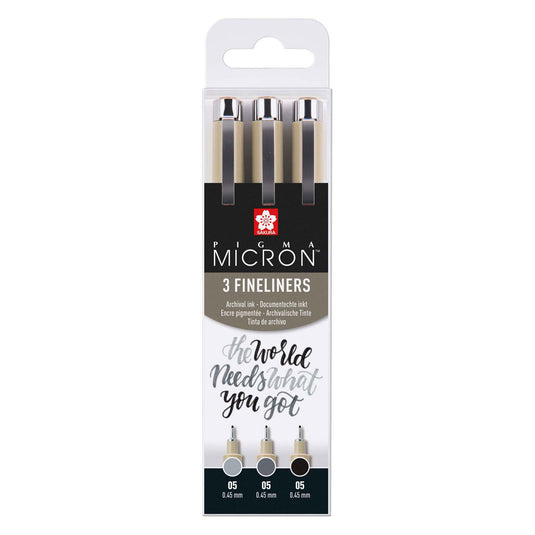 Sakura pigma micron 05 fineliner set, 3 pennen, zwartgrijs