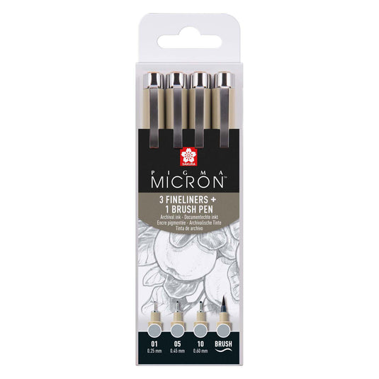 Sakura pigma micron fineliner set, 4 maten, licht koelgrijs