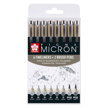 Sakura pigma micron fineliner set | 8 pennen, licht koelgrijs koelgrijs
