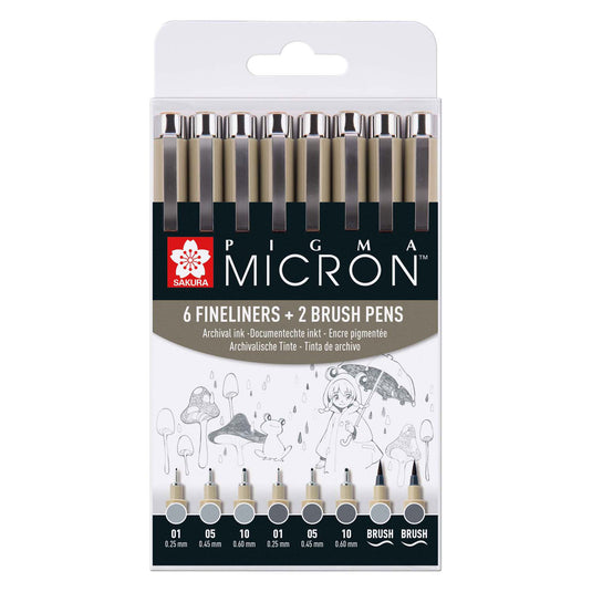Sakura pigma micron fineliner set | 8 pennen, licht koelgrijs koelgrijs