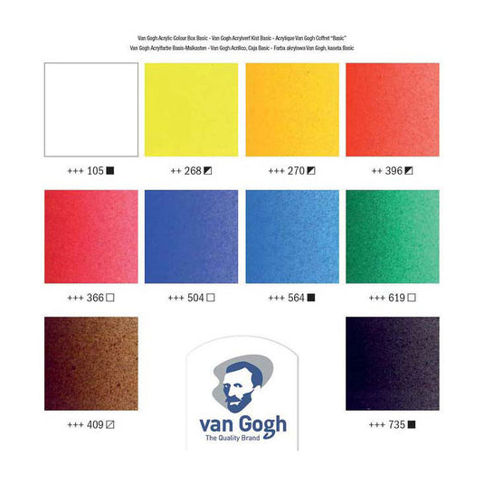 Van gogh acrylverf in kist basic met 10 kleuren in tubes van 40 ml + accessoires