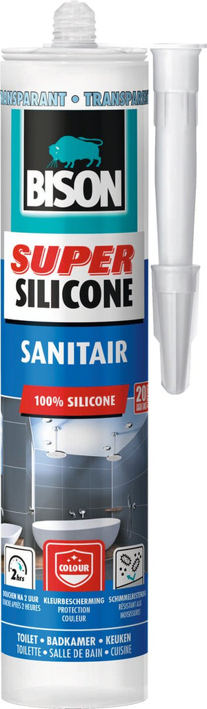 Bison super silicone sanitair transparant koker 300 ml, waterbestendige siliconenkit, langdurige kleurbescherming, ongevoelig voor schimmel, makkelijk te verwerken