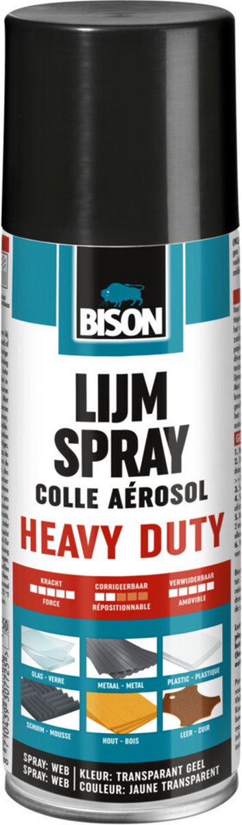 Bison lijmspray heavy duty spuitbus 500 ml - handige lijmspray voor zwarte toepassingen, snelle permanente en vochtbestendige hechting van bijvoorbeeld metaal, hout, schuimrubber, karton, textiel en meer