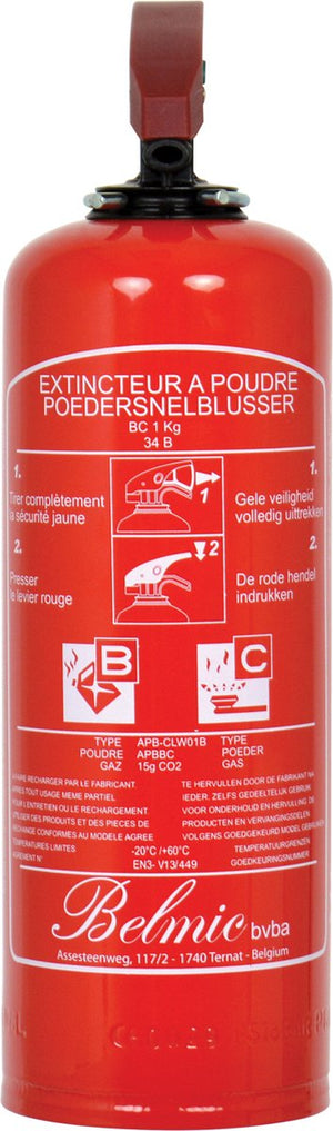 Belmic brandblusser 1kg - poeder brandblusser - conform belgische norm benor 2032 - brandklasse b + c - niet geschikt voor blussen van vetten (frituurvet of bakolie)