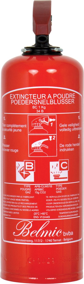 Belmic brandblusser 1kg - poeder brandblusser - conform belgische norm benor 2032 - brandklasse b + c - niet geschikt voor blussen van vetten (frituurvet of bakolie)